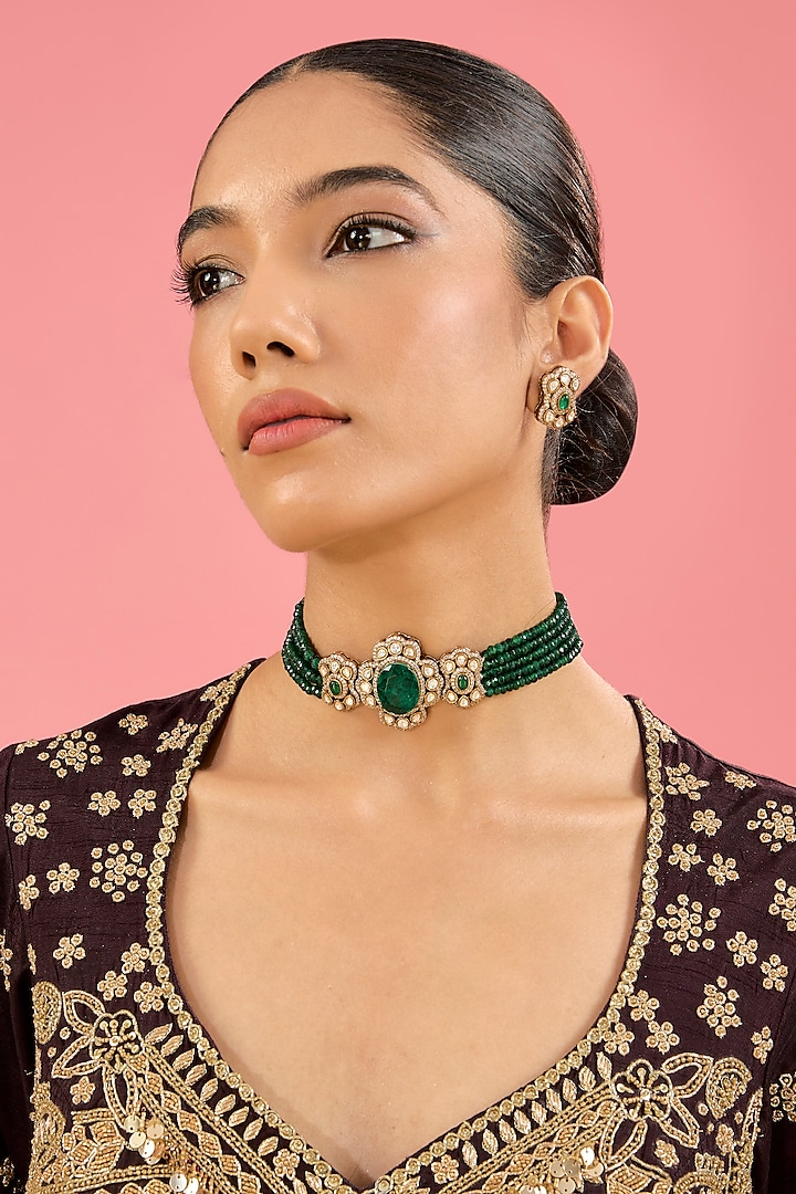 Gold Finish Green Kundan Polki Choker Necklace Set by Amreli Jaipur at Pernia's Pop Up Shop