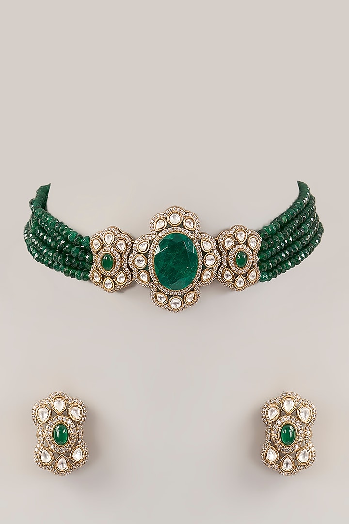 Gold Finish Green Kundan Polki Choker Necklace Set by Amreli Jaipur at Pernia's Pop Up Shop