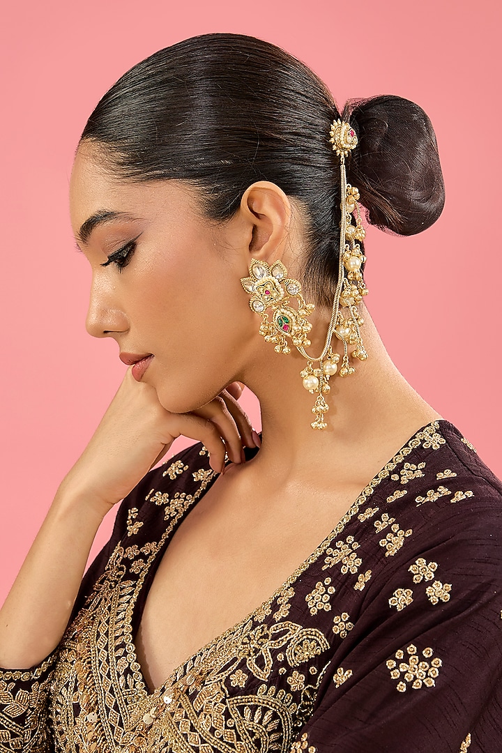 Gold Finish Kundan Polki & Pearl Dangler Earrings by Amreli Jaipur at Pernia's Pop Up Shop