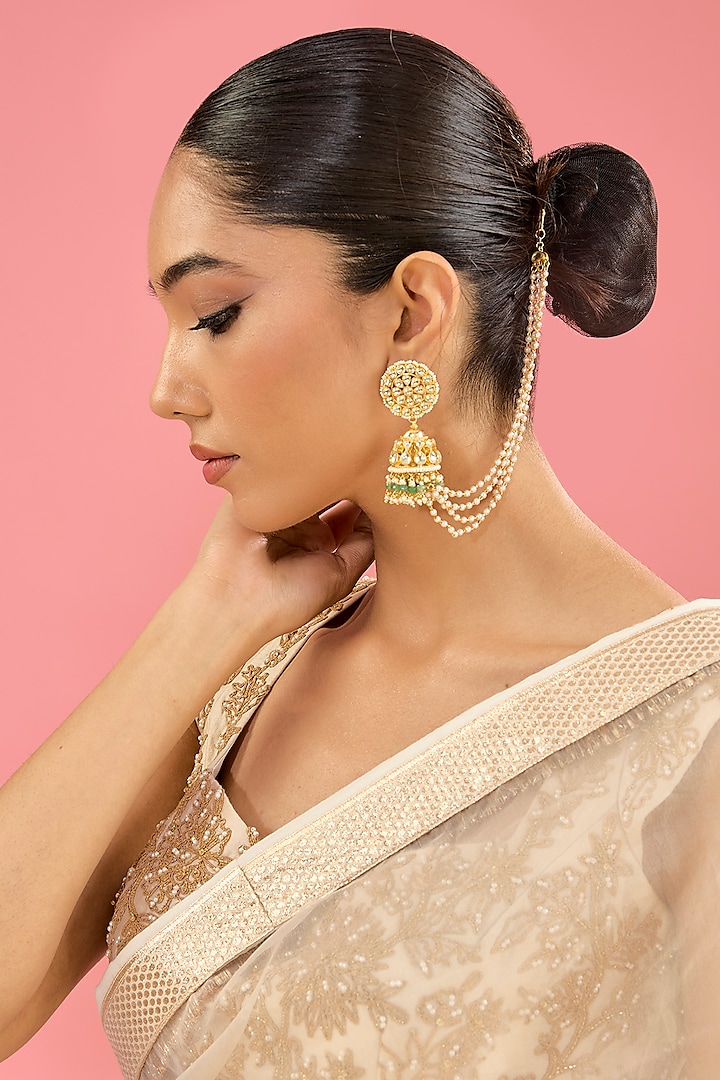 Gold Finish Pachi Kundan Polki & Pearl Jhumka Earrings by Amreli Jaipur at Pernia's Pop Up Shop