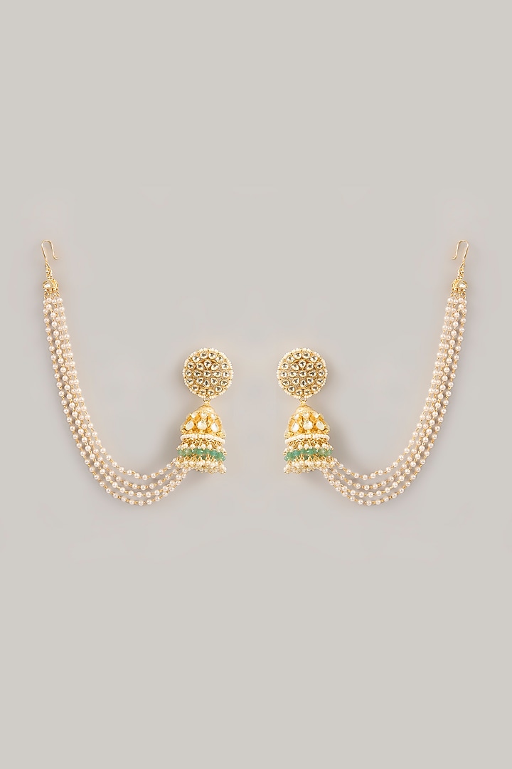 Gold Finish Pachi Kundan Polki & Pearl Jhumka Earrings by Amreli Jaipur at Pernia's Pop Up Shop