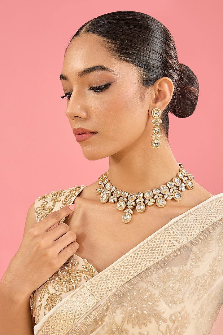 Gold Finish Kundan Polki Choker Necklace Set by Amreli Jaipur at Pernia's Pop Up Shop