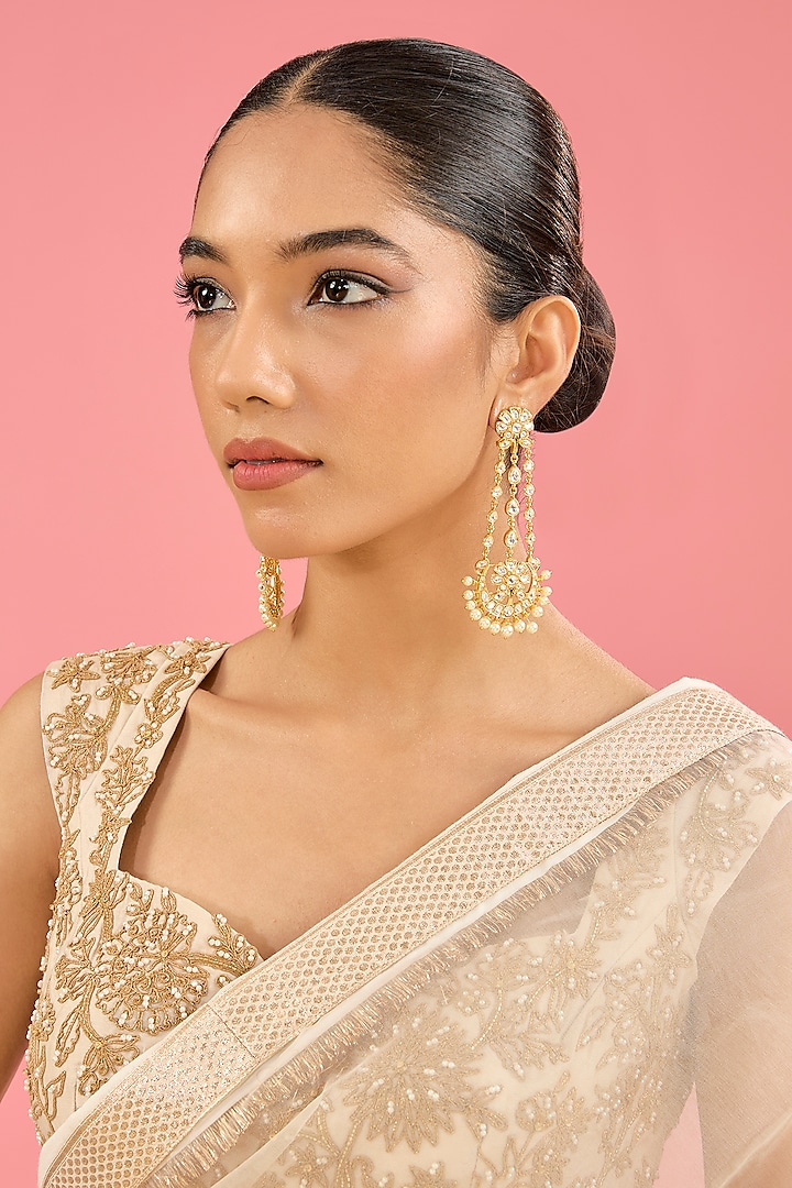 Gold Finish Kundan Polki & Pearl Dangler Earrings by Amreli Jaipur at Pernia's Pop Up Shop