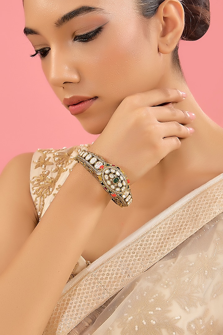 Gold Plated Kundan Polki & Multi-Colored Stone Pacheli Bangle by Amreli Jaipur at Pernia's Pop Up Shop