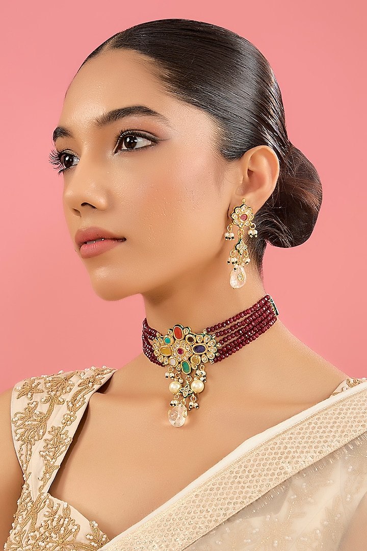 Gold Plated Red Kundan Polki Choker Necklace Set by Amreli Jaipur at Pernia's Pop Up Shop