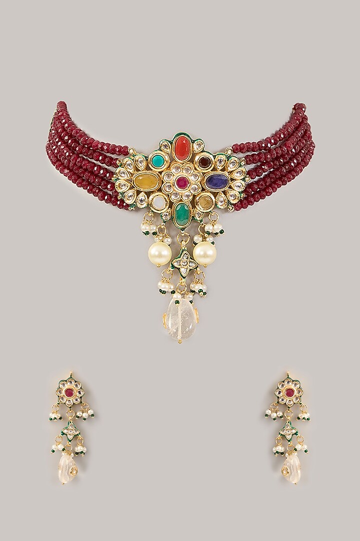 Gold Plated Red Kundan Polki Choker Necklace Set by Amreli Jaipur at Pernia's Pop Up Shop
