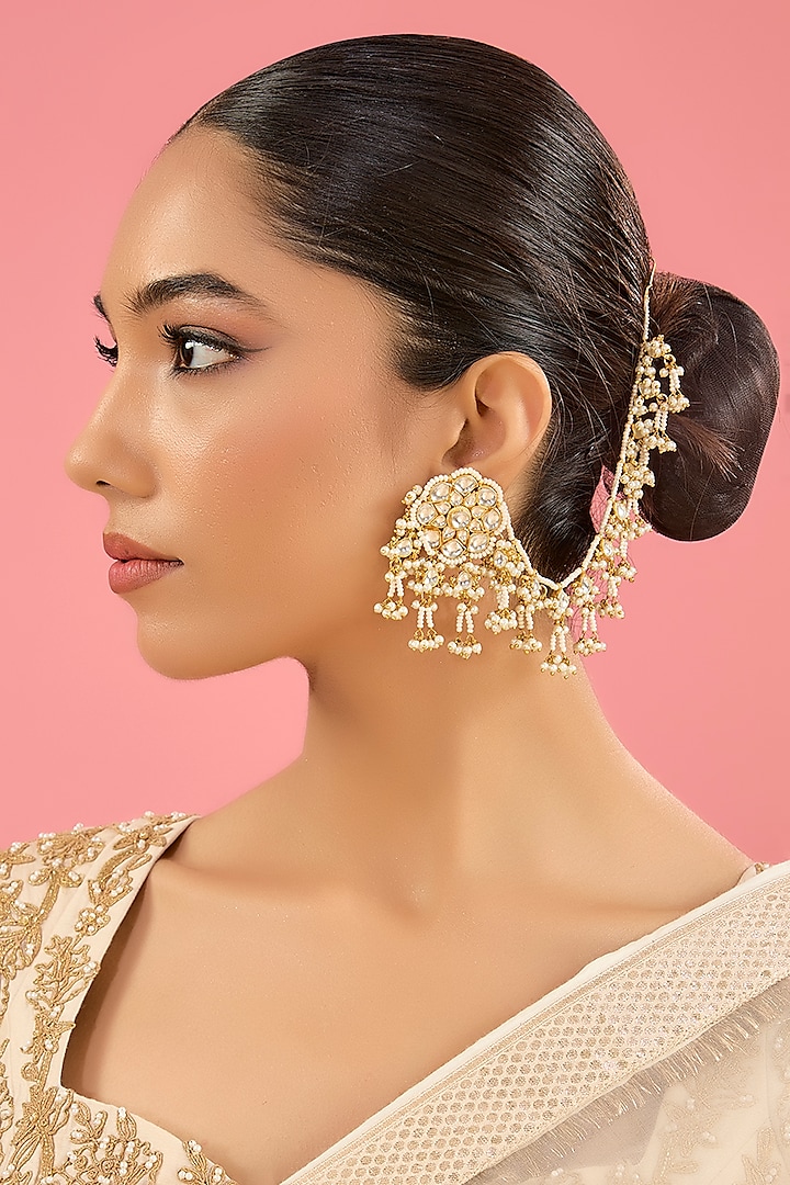 Gold Finish Kundan Polki & Pearl Dangler Earrings by Amreli Jaipur at Pernia's Pop Up Shop