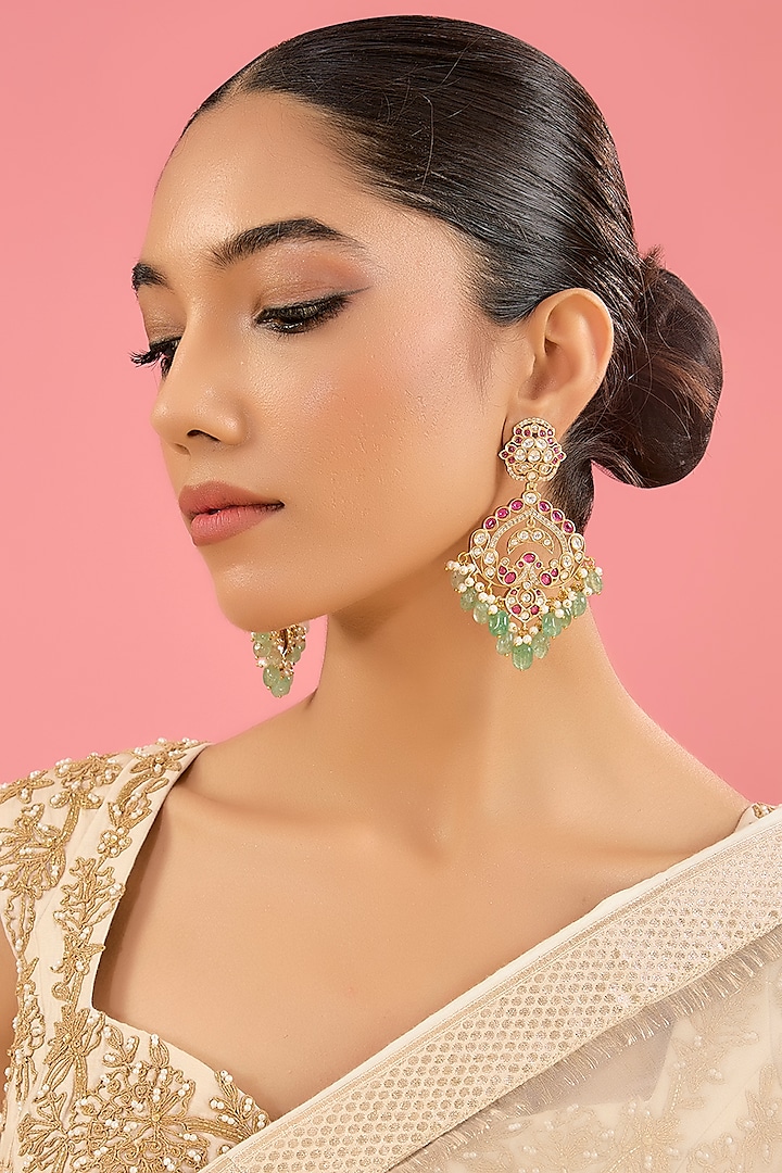 Gold Finish Kundan Polki & Fluorite Dangler Earrings by Amreli Jaipur at Pernia's Pop Up Shop