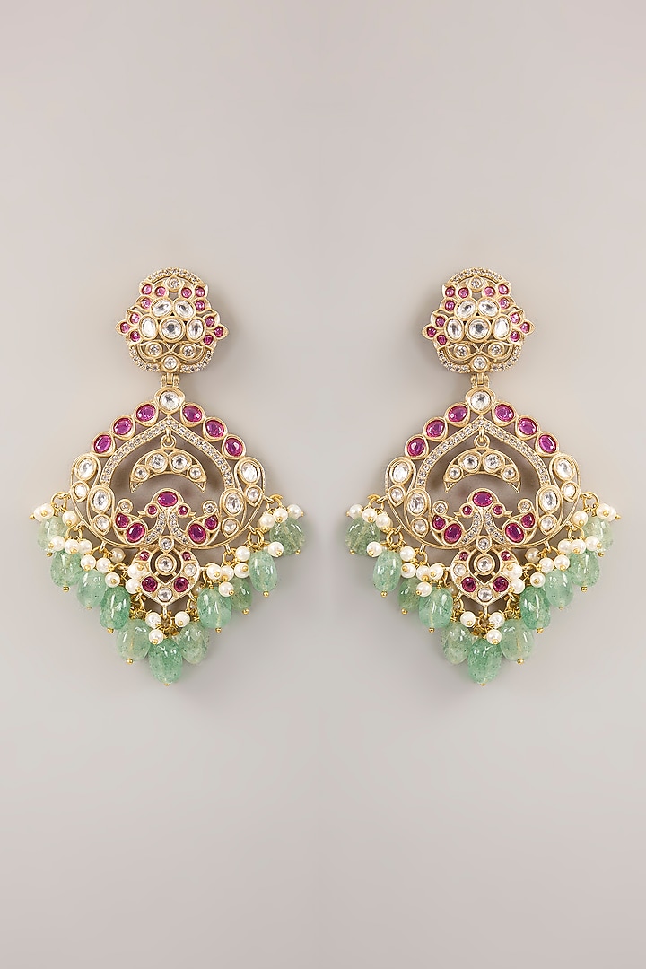 Gold Finish Kundan Polki & Fluorite Dangler Earrings by Amreli Jaipur at Pernia's Pop Up Shop