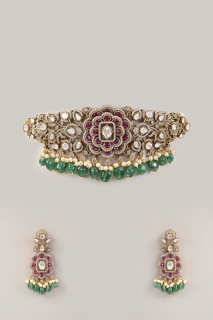 Gold Finish Kundan Polki & Fluorite Choker Necklace Set by Amreli Jaipur at Pernia's Pop Up Shop
