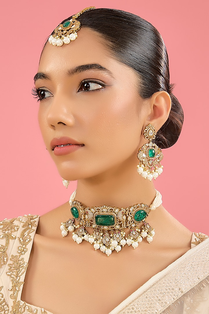 Victorian Gold Finish Kundan Polki & Pearl Choker Necklace Set by Amreli Jaipur at Pernia's Pop Up Shop