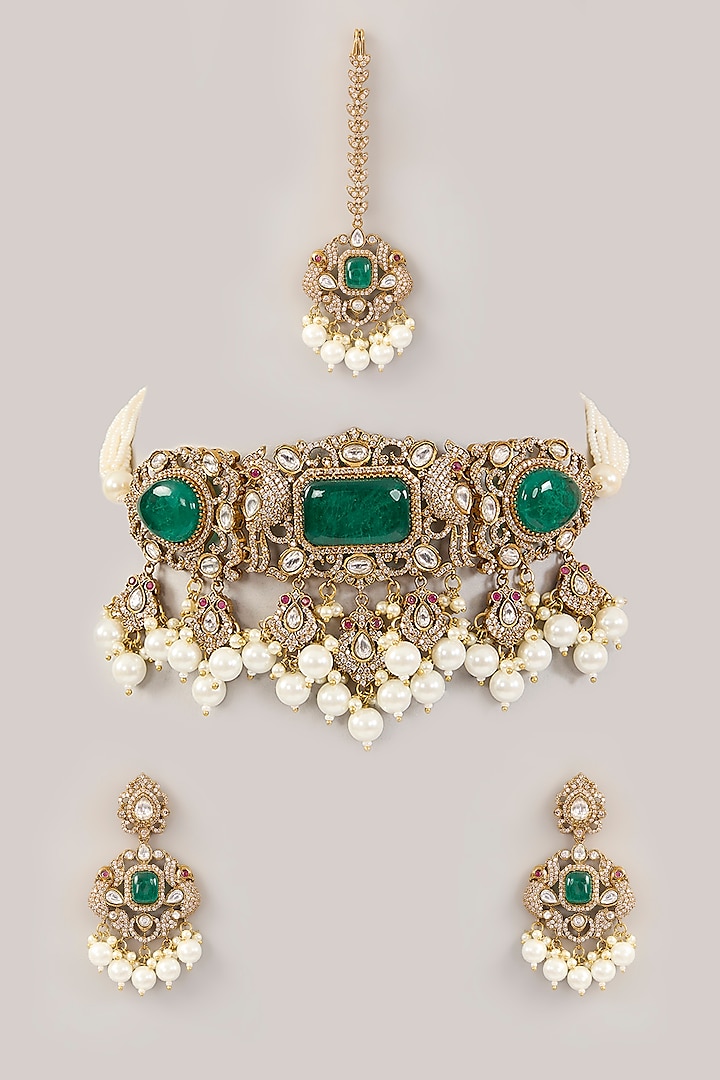 Victorian Gold Finish Kundan Polki & Pearl Choker Necklace Set by Amreli Jaipur at Pernia's Pop Up Shop