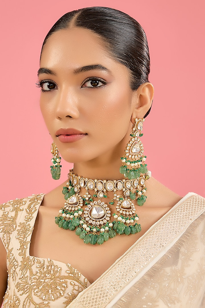 Gold Finish Kundan Polki & Emerald Beaded Choker Necklace Set by Amreli Jaipur at Pernia's Pop Up Shop