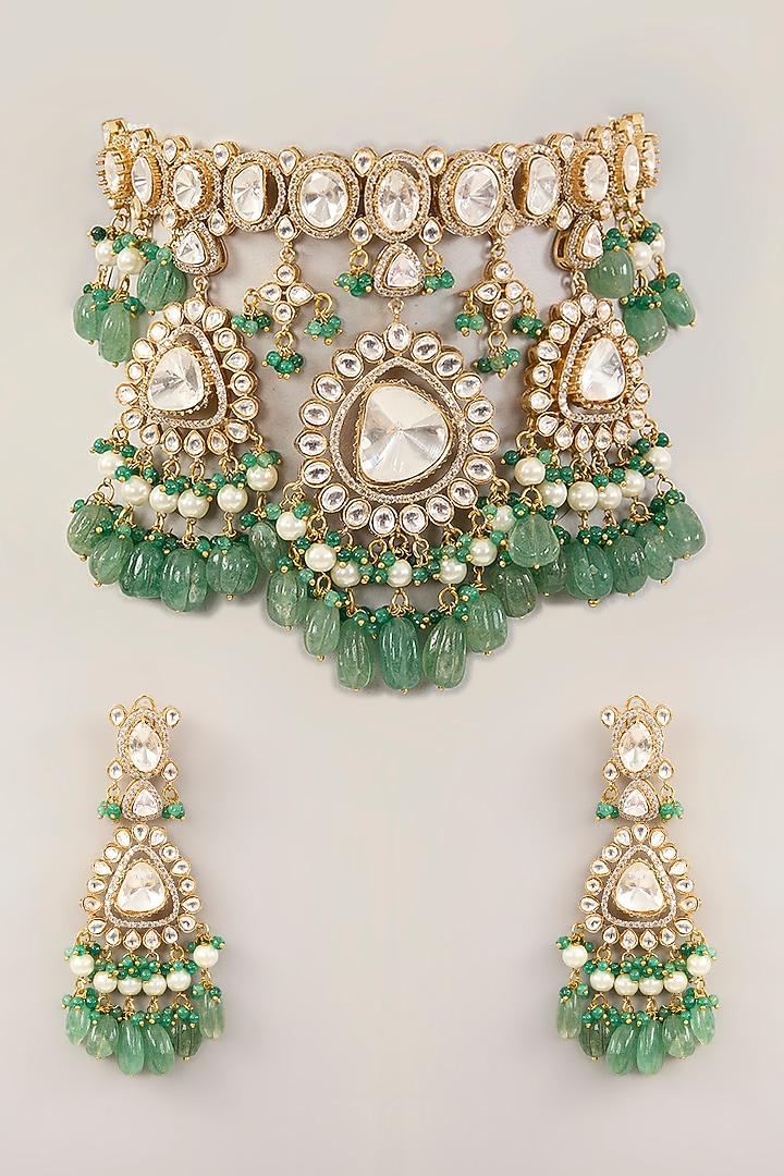 Gold Finish Kundan Polki & Emerald Beaded Choker Necklace Set by Amreli Jaipur at Pernia's Pop Up Shop