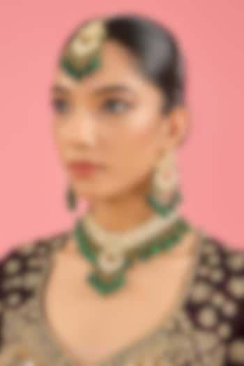 Gold Finish Kundan Polki & Emerald Bead Choker Necklace Set by Amreli Jaipur at Pernia's Pop Up Shop