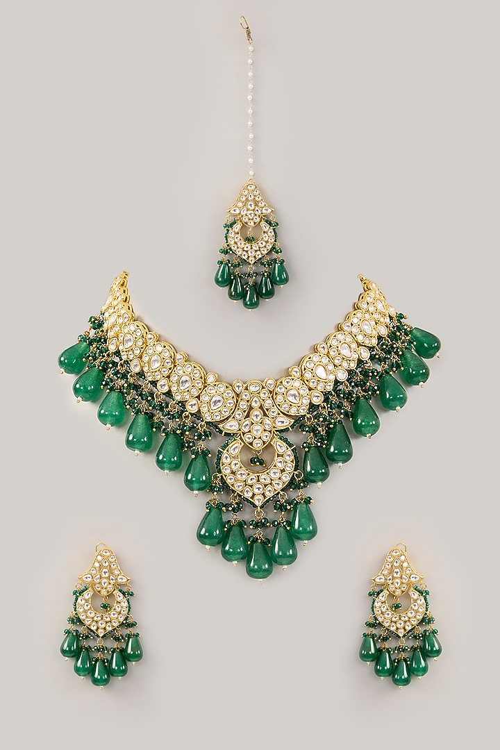 Gold Finish Kundan Polki & Emerald Bead Choker Necklace Set by Amreli Jaipur at Pernia's Pop Up Shop
