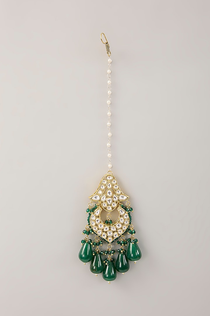 Gold Finish Kundan Polki & Emerald Bead Choker Necklace Set by Amreli Jaipur at Pernia's Pop Up Shop