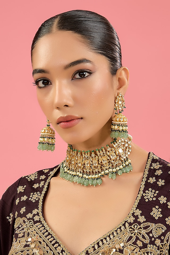 Gold Finish Pachi Kundan Polki & Emerald Bead Choker Necklace Set by Amreli Jaipur at Pernia's Pop Up Shop