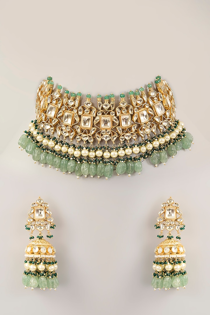 Gold Finish Pachi Kundan Polki & Emerald Bead Choker Necklace Set by Amreli Jaipur at Pernia's Pop Up Shop