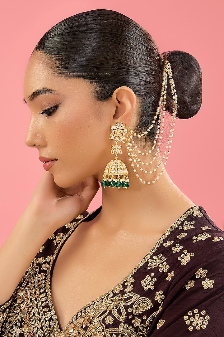 Gold Finish Kundan Polki & Pearl Dangler Earrings by Amreli Jaipur at Pernia's Pop Up Shop