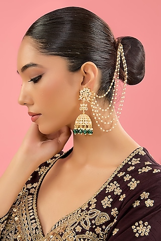 Gold Finish Kundan Polki & Pearl Dangler Earrings by Amreli Jaipur