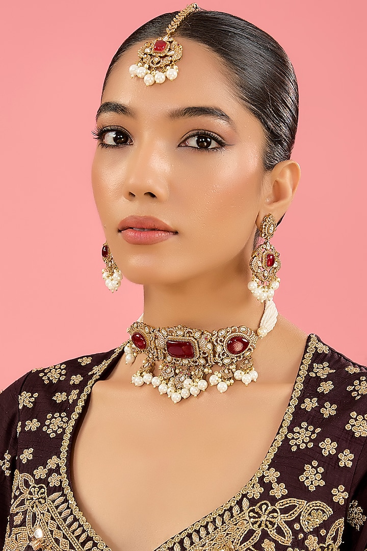 Victorian Gold Finish Kundan Polki & Pearl Choker Necklace Set by Amreli Jaipur at Pernia's Pop Up Shop