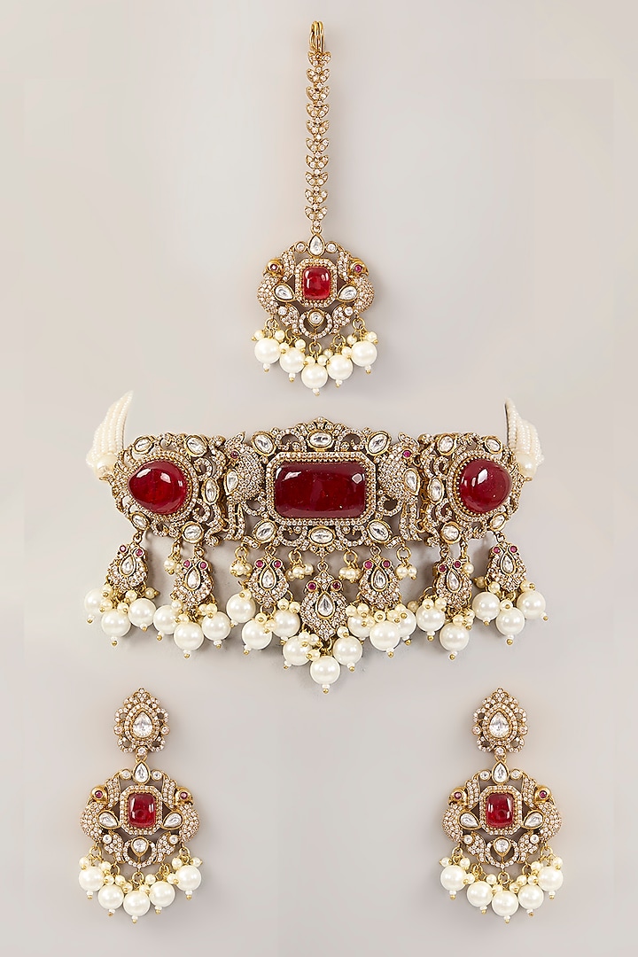 Victorian Gold Finish Kundan Polki & Pearl Choker Necklace Set by Amreli Jaipur at Pernia's Pop Up Shop