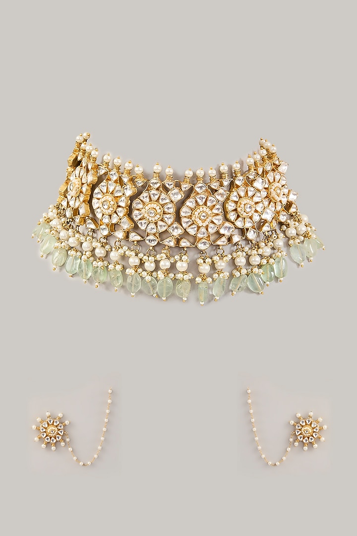 Gold Finish Pachi Kundan Polki & Fluorite Choker Necklace Set by Amreli Jaipur at Pernia's Pop Up Shop