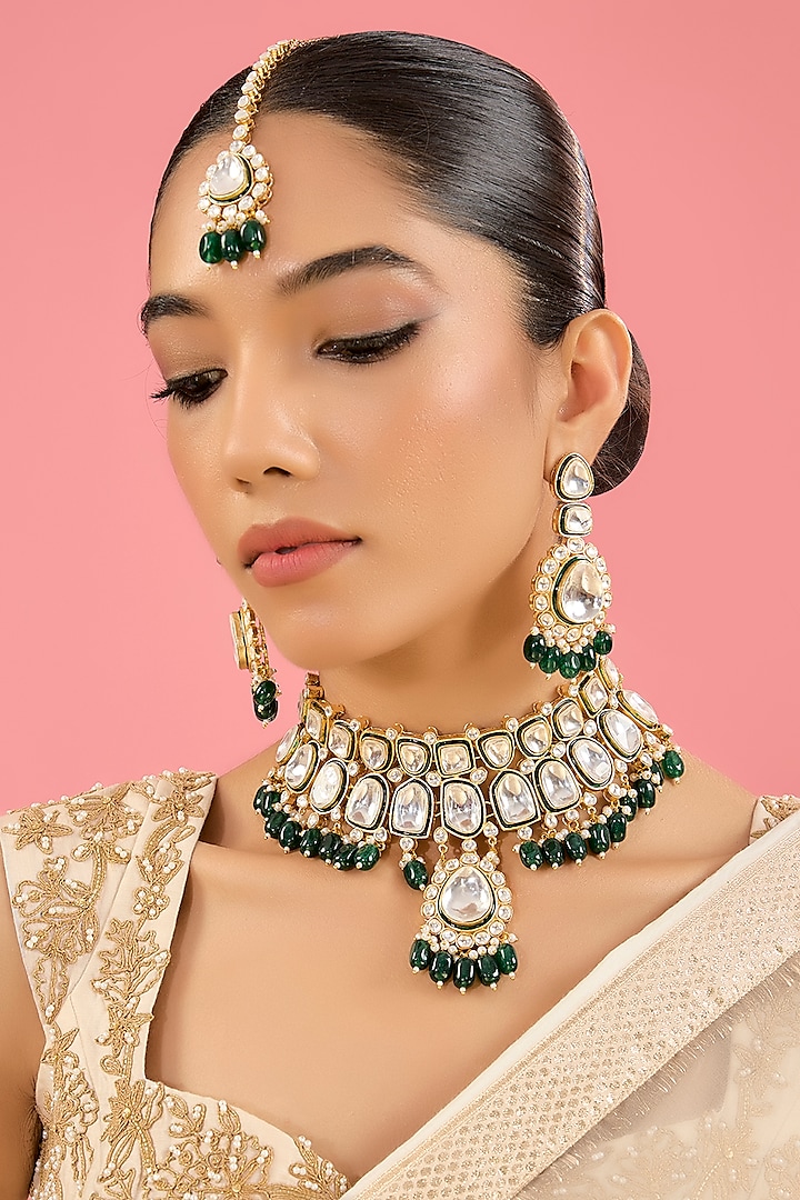 Gold Finish Kundan Polki & Emerald Bead Choker Necklace Set by Amreli Jaipur at Pernia's Pop Up Shop