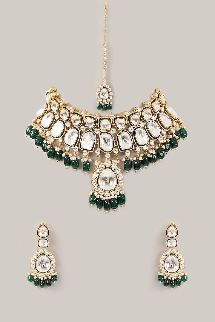 Gold Finish Kundan Polki & Emerald Bead Choker Necklace Set by Amreli Jaipur at Pernia's Pop Up Shop