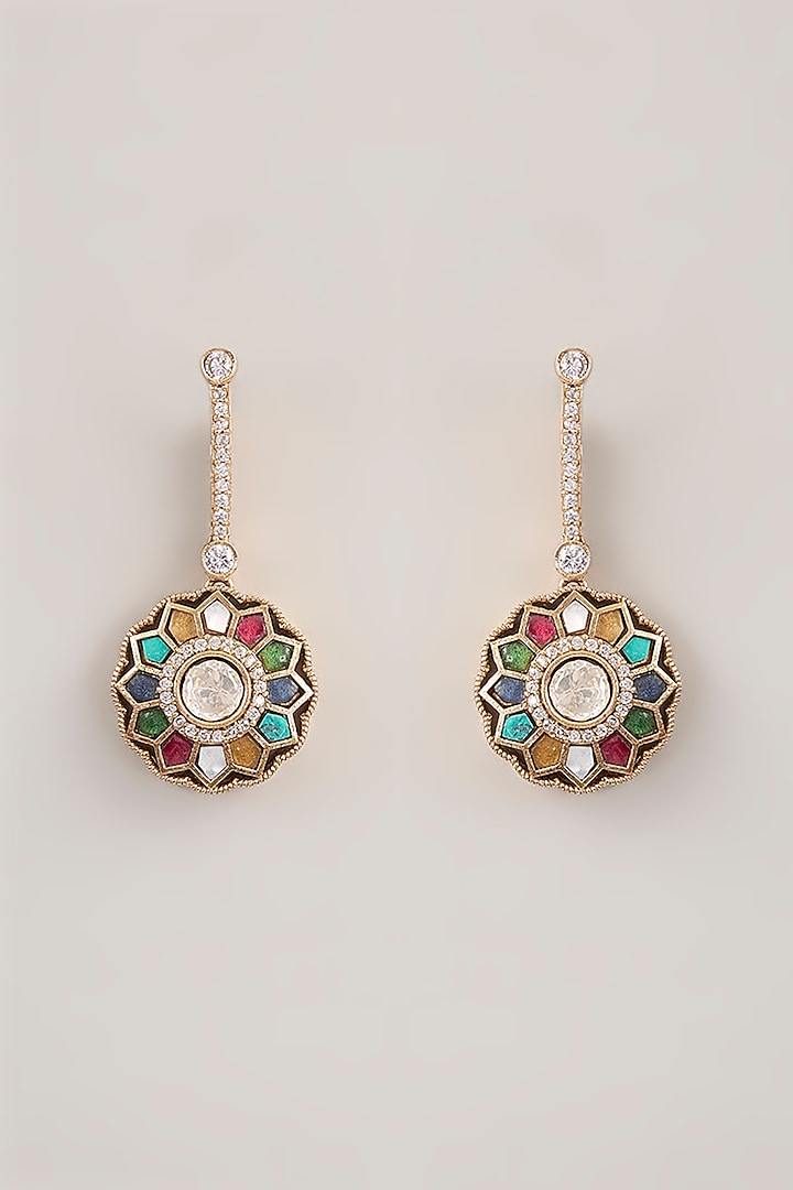 Gold Finish Multi-Colored Kundan Polki Dangler Earrings by Amreli Jaipur at Pernia's Pop Up Shop