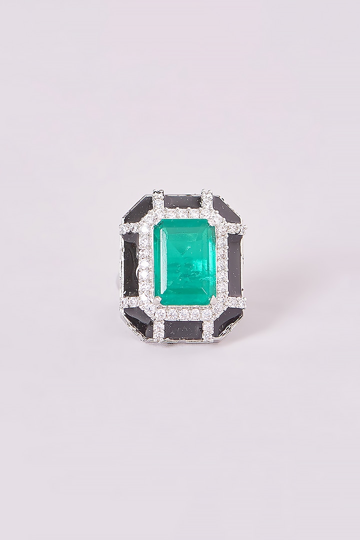 White Finish Emerald & Zircon Hand Painted Black Enamelled Ring by Amreli Jaipur at Pernia's Pop Up Shop