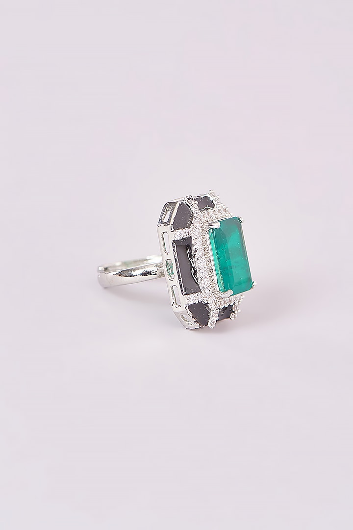White Finish Emerald & Zircon Hand Painted Black Enamelled Ring by Amreli Jaipur at Pernia's Pop Up Shop