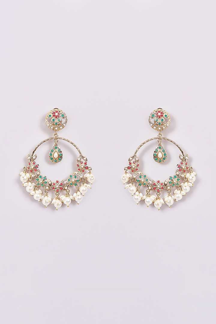 Gold Finish Jadau & Pearl Chandbali Earrings by Amreli Jaipur at Pernia's Pop Up Shop