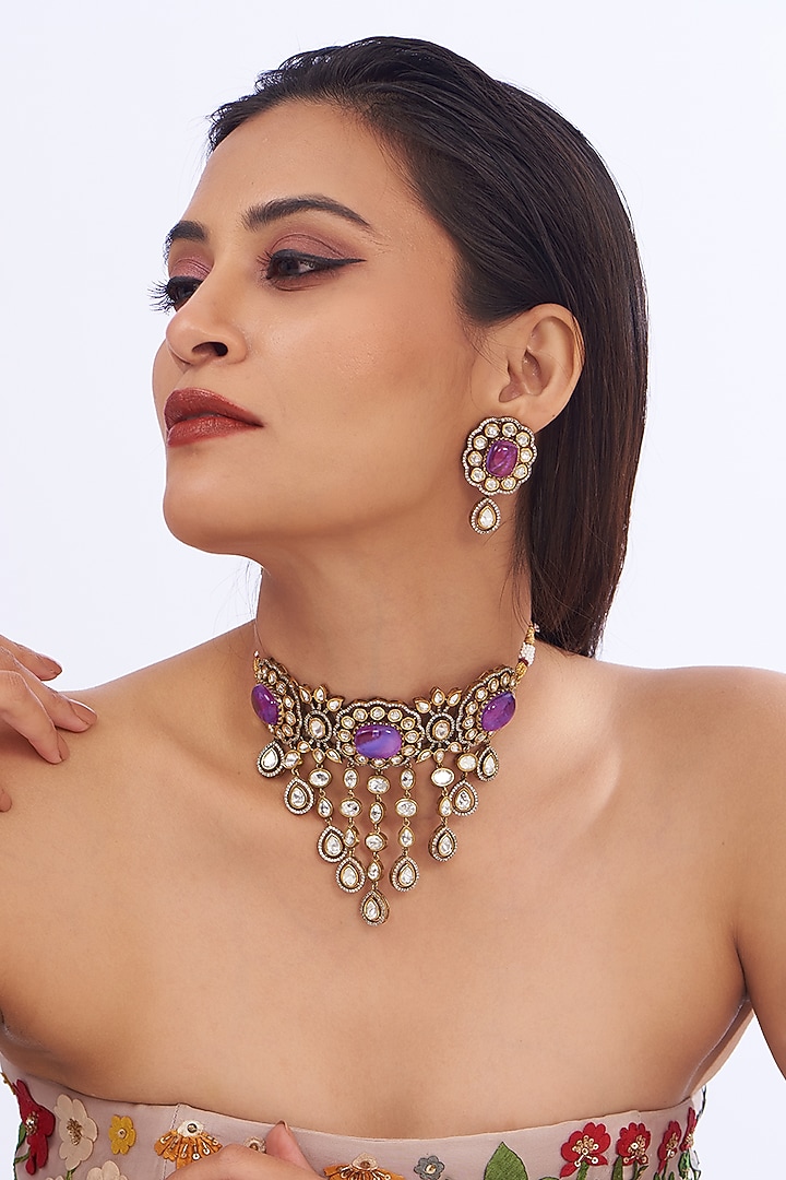 Golden, Light Purple, Kundan Polki, Necklace Set wiyh Onyx