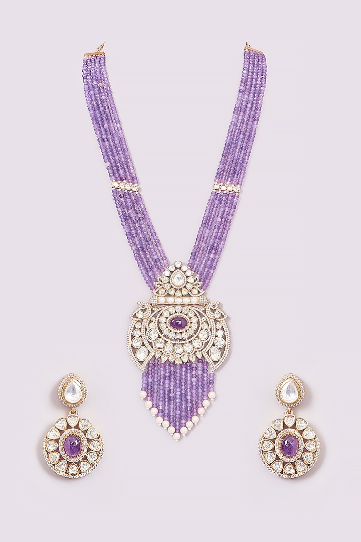 White Finish Purple Kundan Polki Long Necklace Set by Amreli Jaipur at Pernia's Pop Up Shop