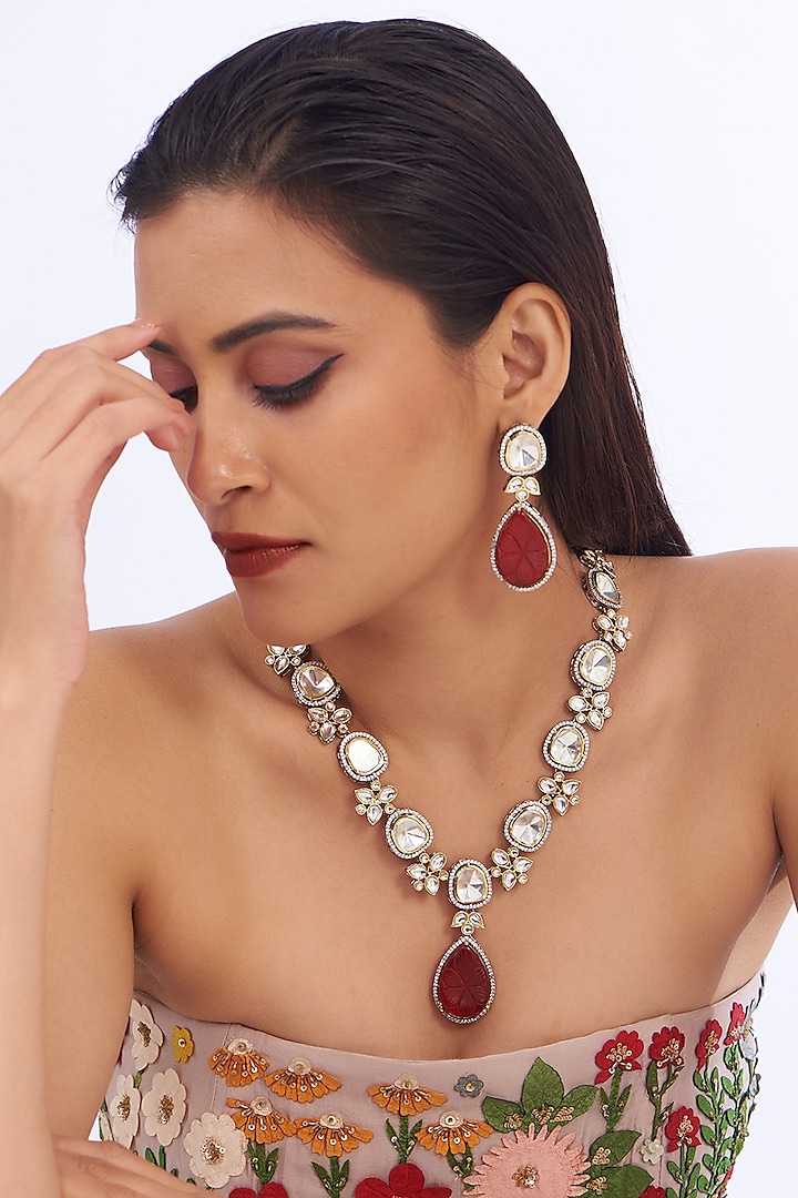 Two-Tone Finish Red Stone & Kundan Polki Necklace Set by Amreli Jaipur