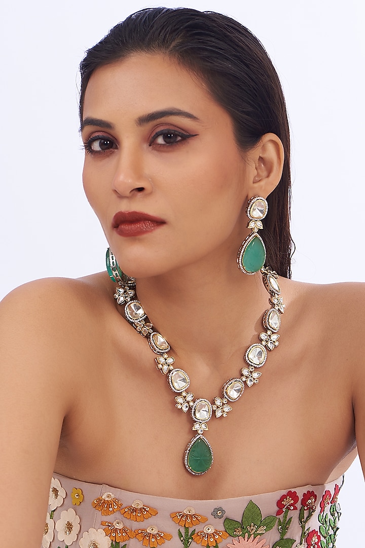 Two-Tone Finish Green Stone & Kundan Polki Necklace Set by Amreli Jaipur at Pernia's Pop Up Shop