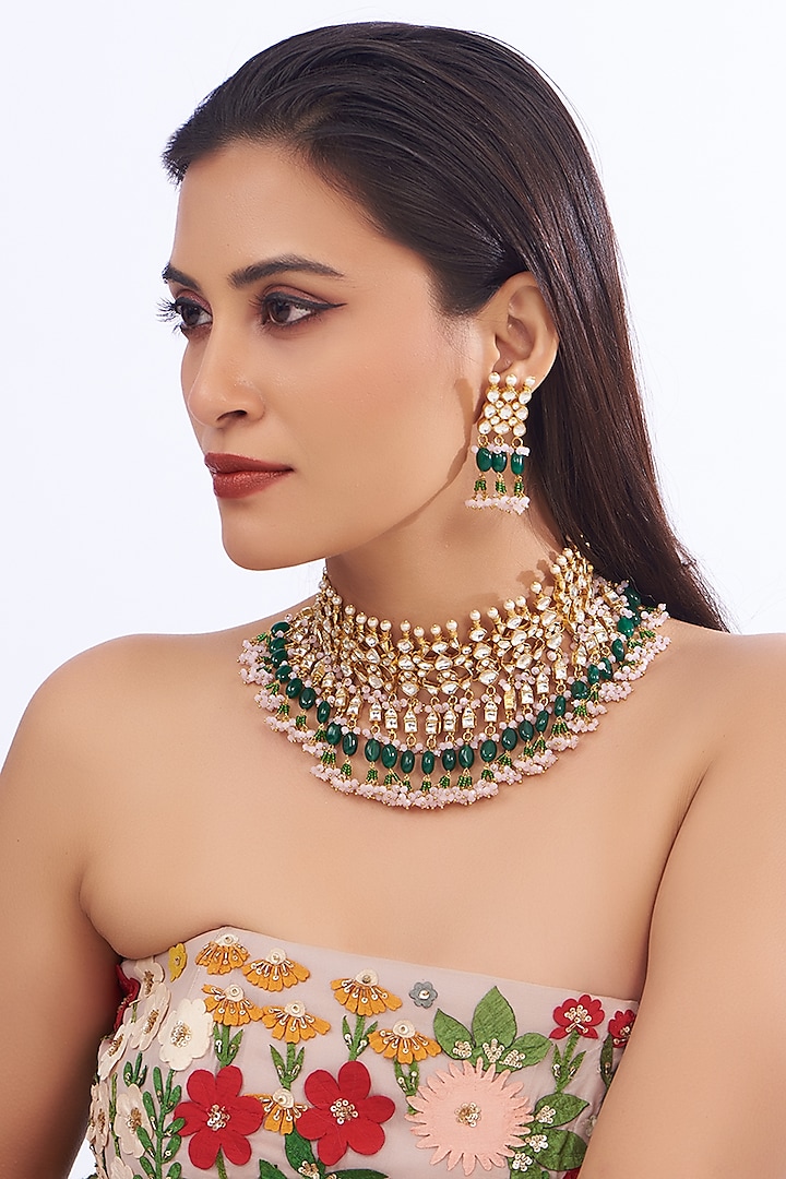 Gold Finish Kundan Polki Choker Necklace Set by Amreli Jaipur at Pernia's Pop Up Shop