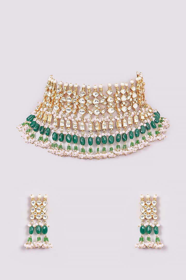 Gold Finish Kundan Polki Choker Necklace Set by Amreli Jaipur at Pernia's Pop Up Shop