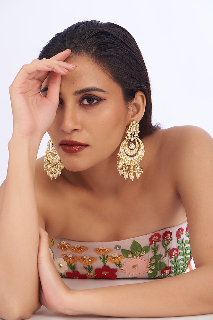 Gold Finish Kundan Polki Chandbali Earrings by Amreli Jaipur at Pernia's Pop Up Shop
