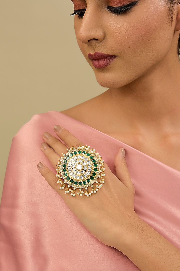 Gold Finish Kundan Polki Adjustable Ring by Amreli Jaipur at Pernia's Pop Up Shop