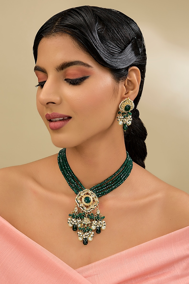 Gold Finish Kundan Polki Necklace Set by Amreli Jaipur at Pernia's Pop Up Shop