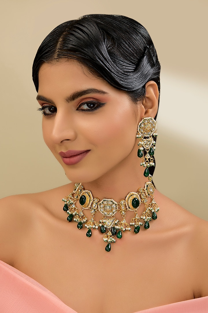 Gold Finish Kundan Polki Choker Necklace Set by Amreli Jaipur at Pernia's Pop Up Shop