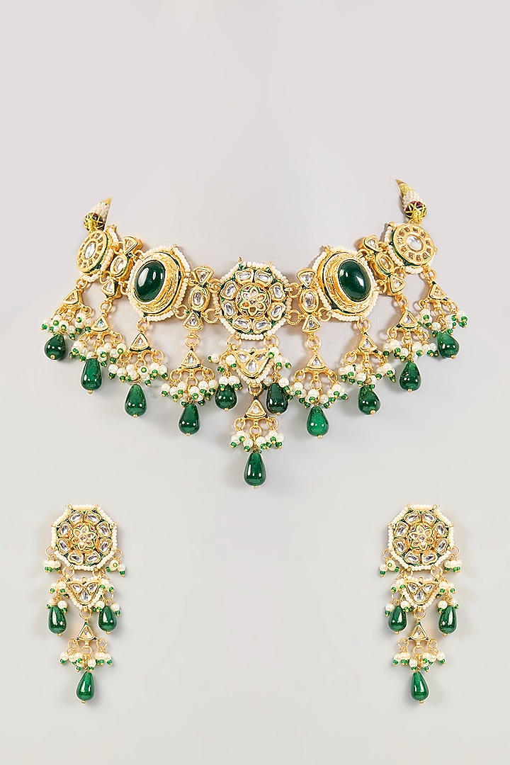 Gold Finish Kundan Polki Choker Necklace Set by Amreli Jaipur at Pernia's Pop Up Shop