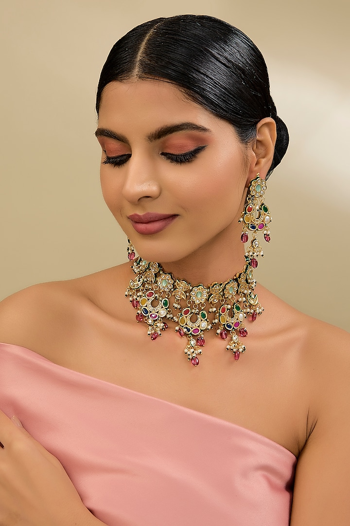 Gold Finish Kundan Polki Choker Necklace Set by Amreli Jaipur at Pernia's Pop Up Shop