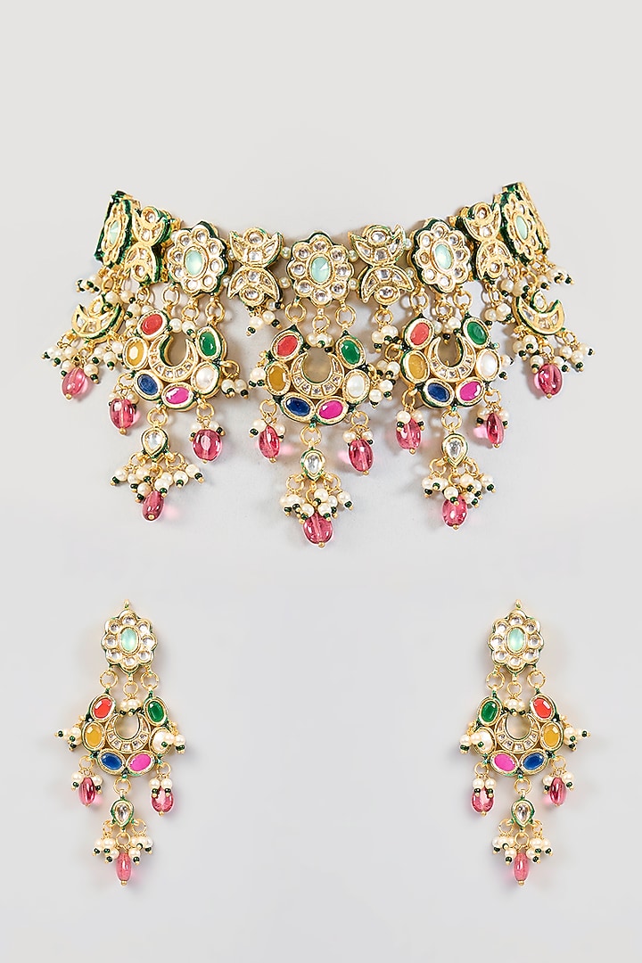 Gold Finish Kundan Polki Choker Necklace Set by Amreli Jaipur at Pernia's Pop Up Shop