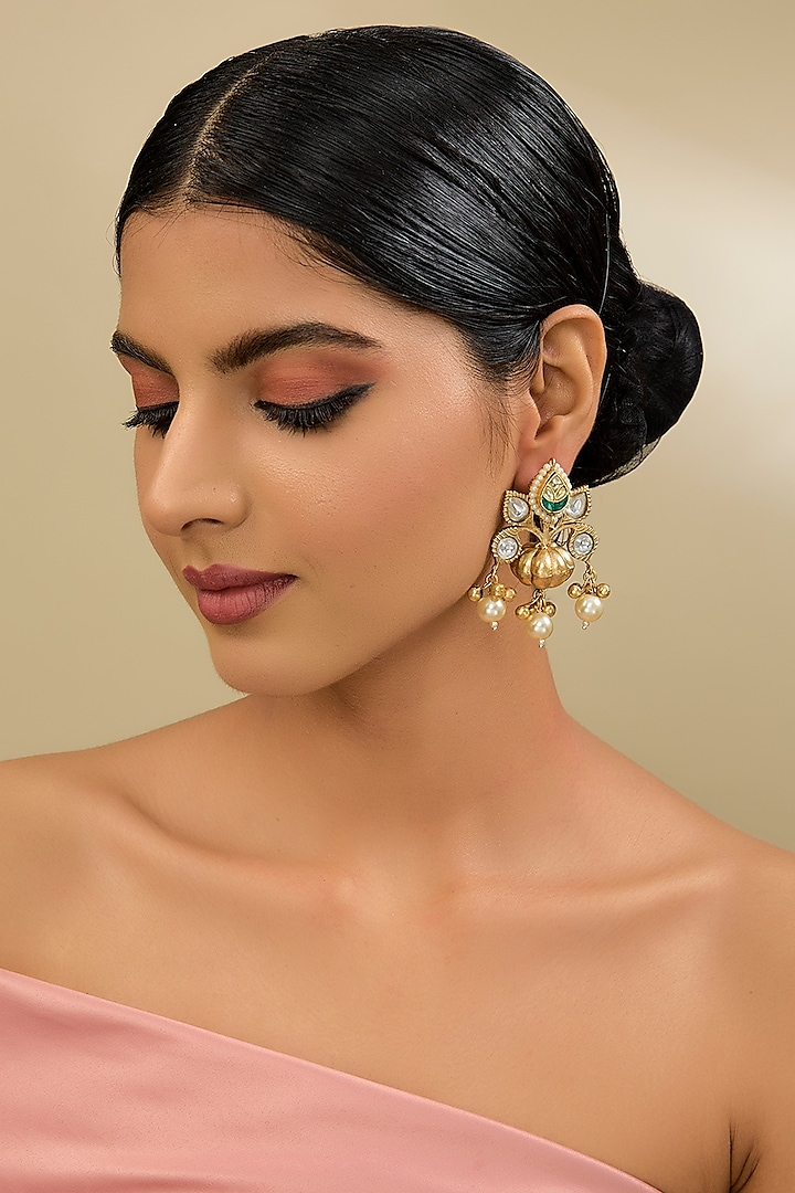 Gold Finish Kundan Polki & Pearl Dangler Earrings by Amreli Jaipur at Pernia's Pop Up Shop