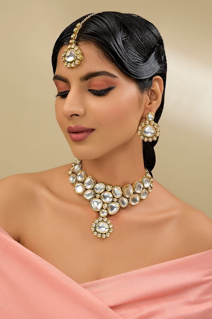 Gold Finish Kundan Polki Choker Necklace Set by Amreli Jaipur at Pernia's Pop Up Shop