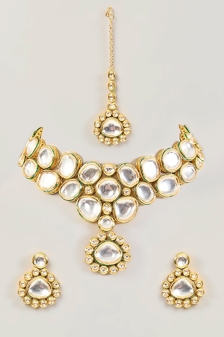 Gold Finish Kundan Polki Choker Necklace Set by Amreli Jaipur at Pernia's Pop Up Shop